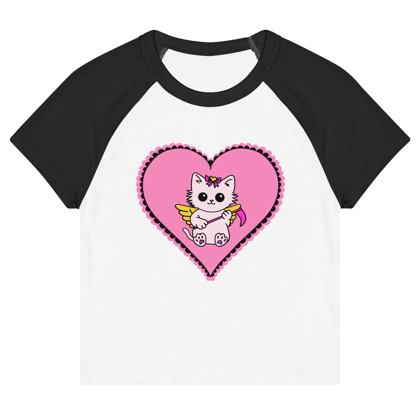 Black and white baseball shirt with a pink heart and cartoon cat design on a white background