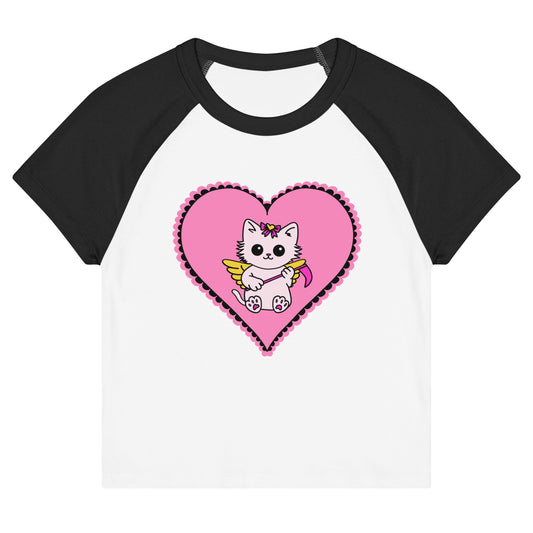 Black and white baseball shirt with a pink heart and cartoon cat design on a white background