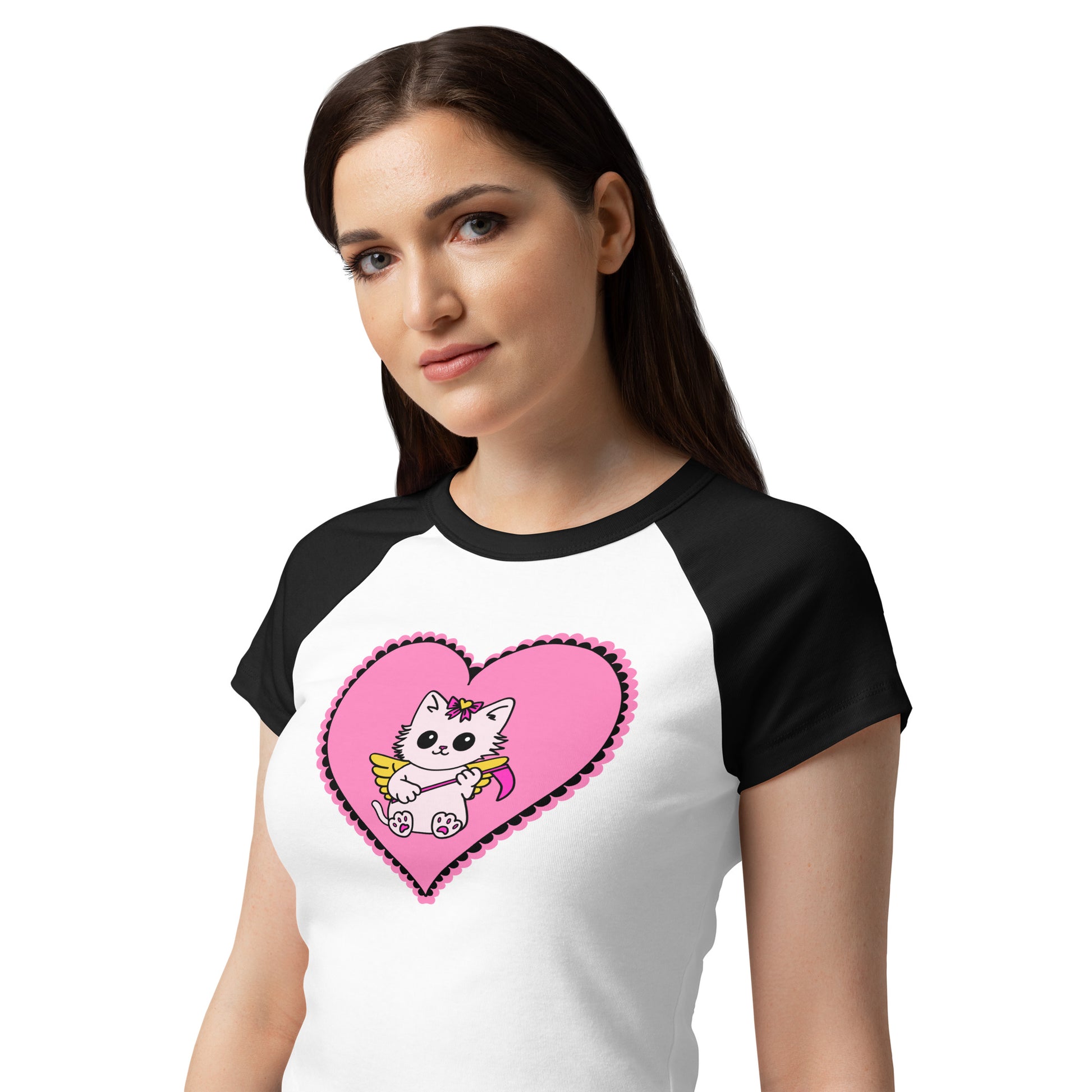 Black and white baseball shirt with a pink heart and cartoon cat design on a white background