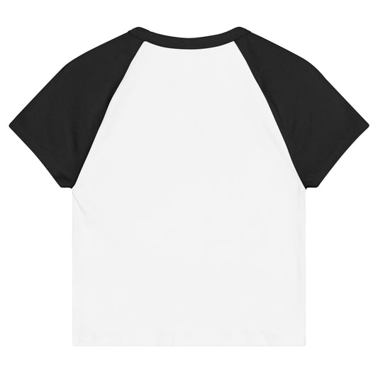 Black and white baseball shirt with a pink heart and cartoon cat design on a white background