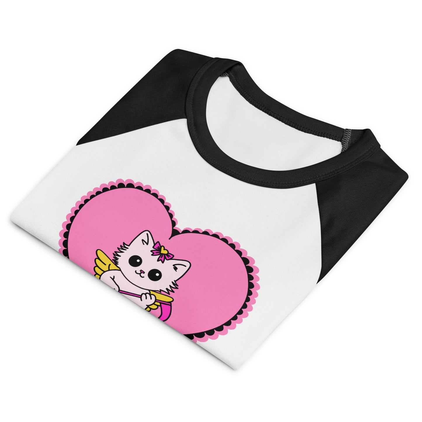 Black and white baseball shirt with a pink heart and cartoon cat design on a white background