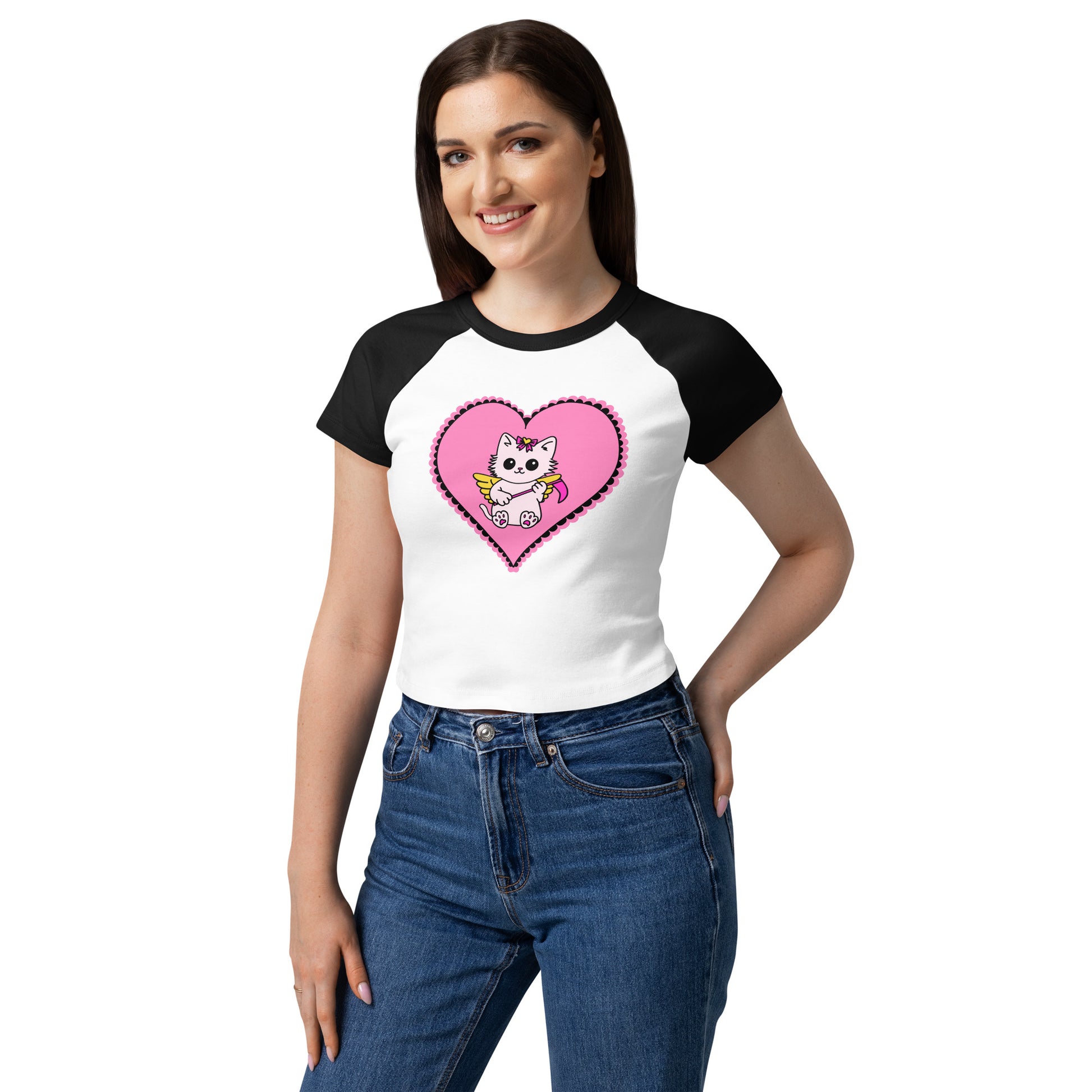 Black and white baseball shirt with a pink heart and cartoon cat design on a white background
