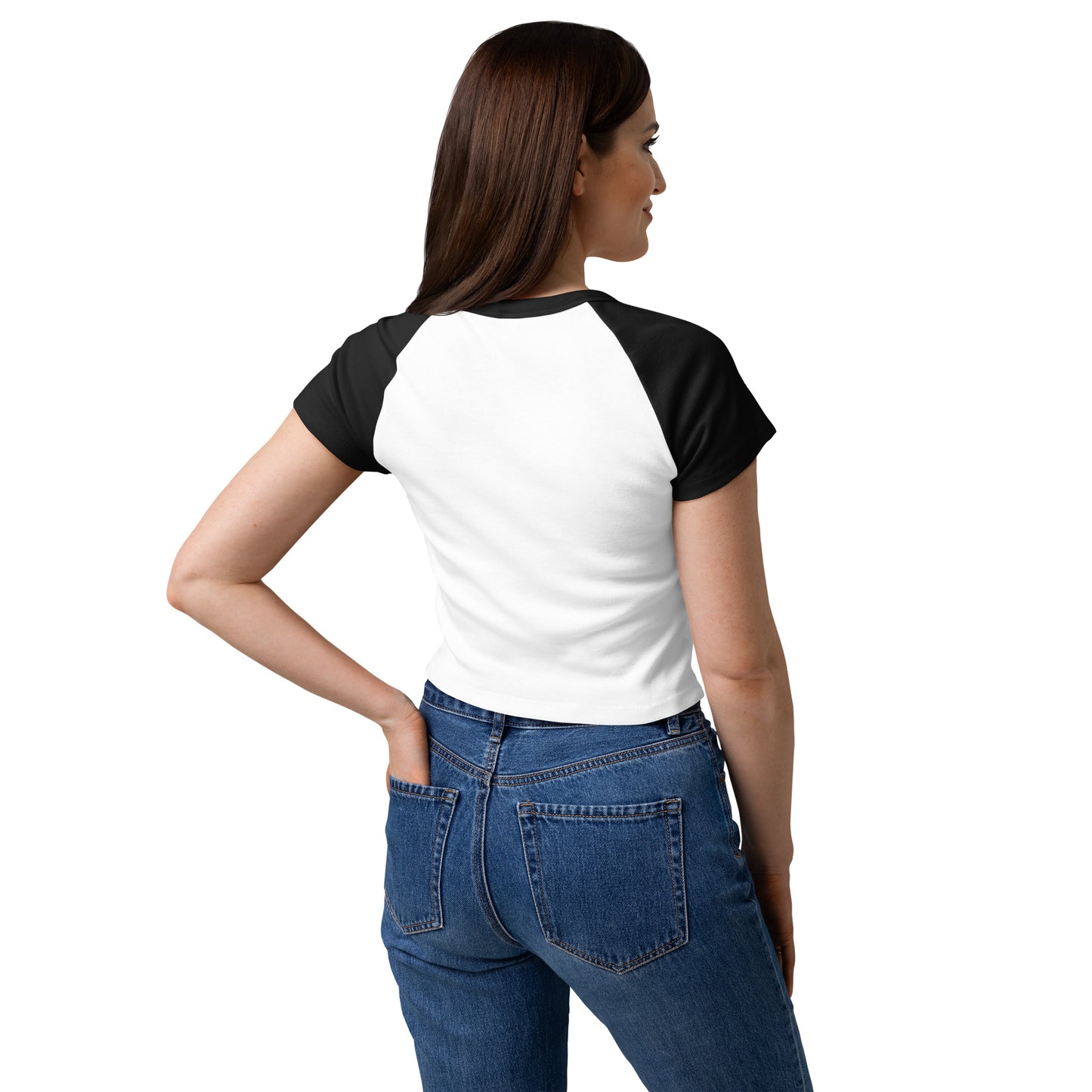 Black and white baseball shirt with a pink heart and cartoon cat design on a white background