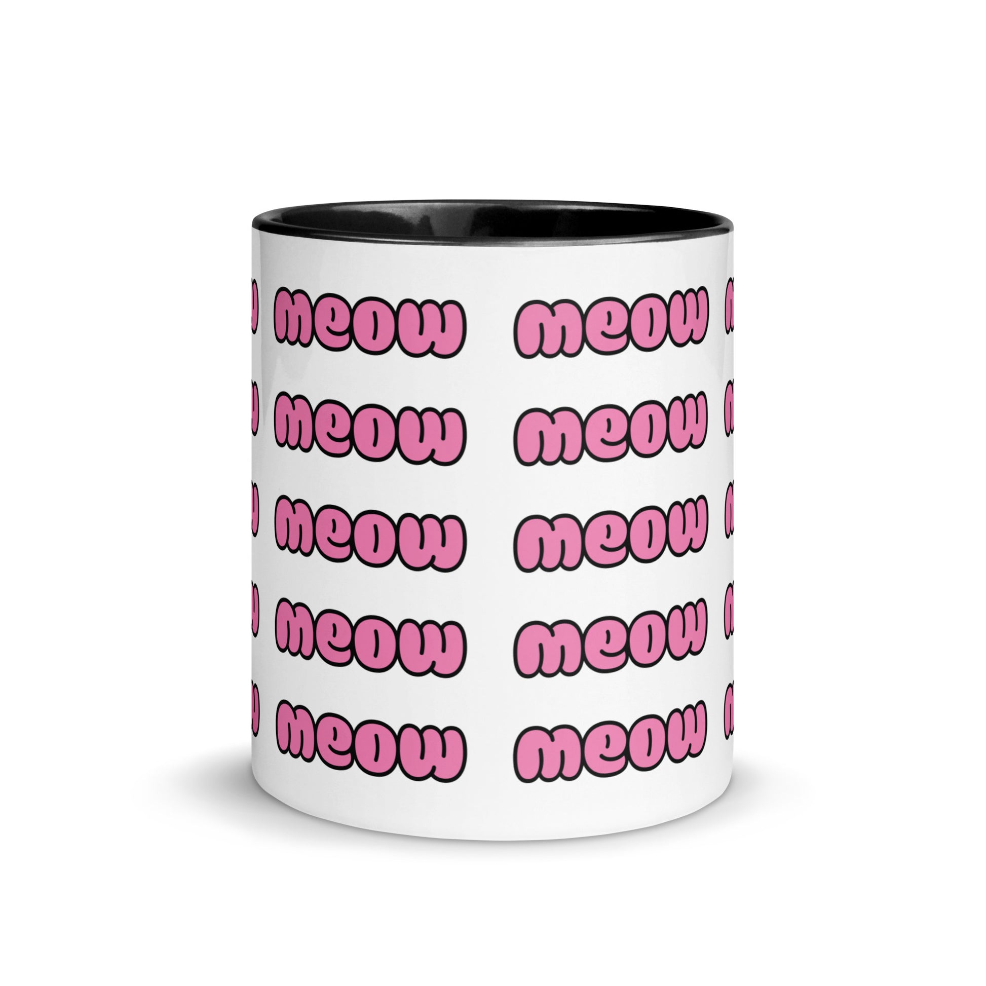 Product mockup meow mug black front
view