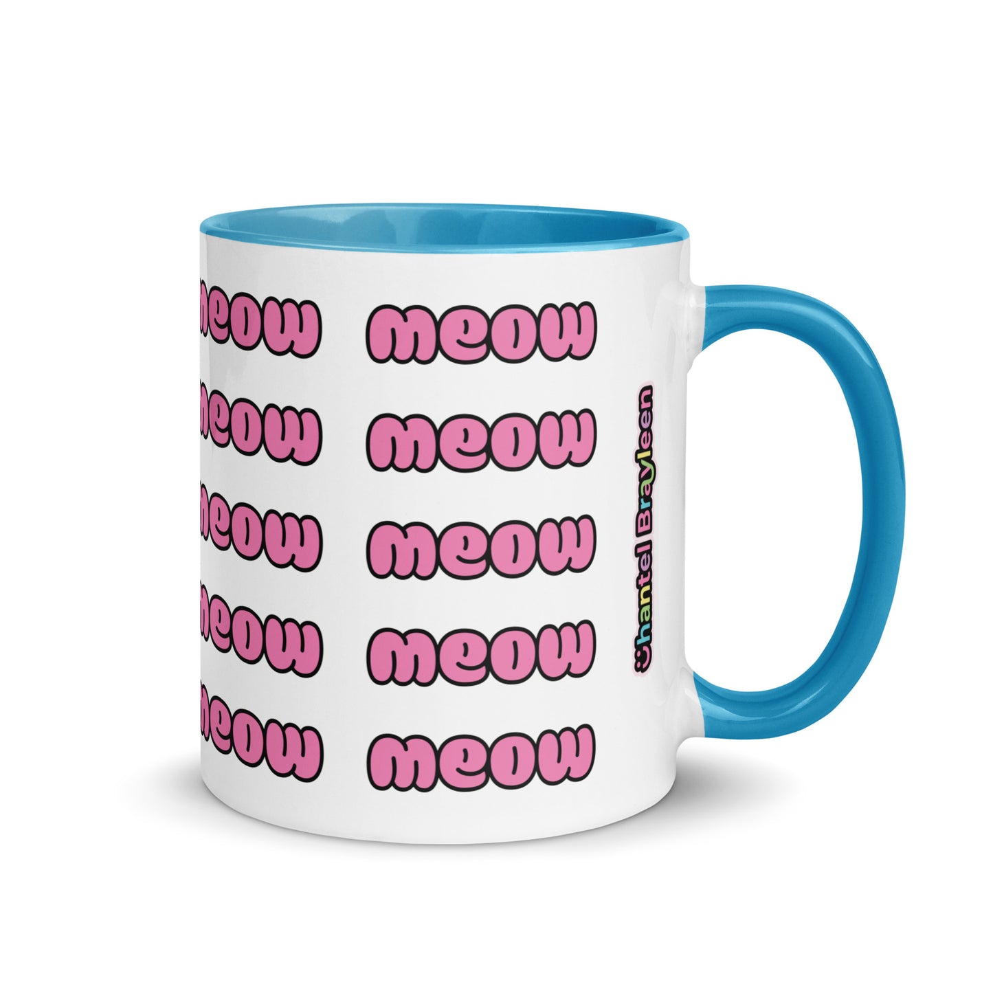 Product mockup meow mug blue side logo view