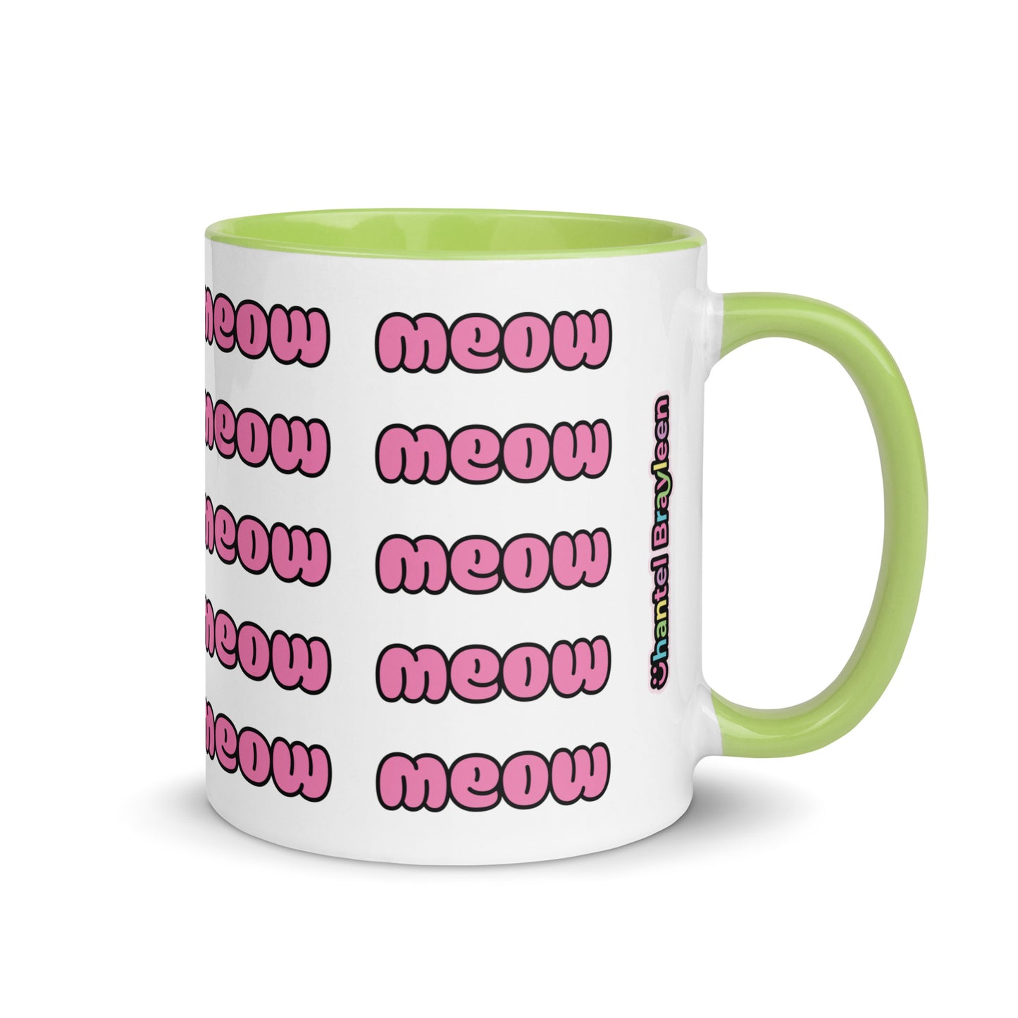Product mockup meow mug green side logo view