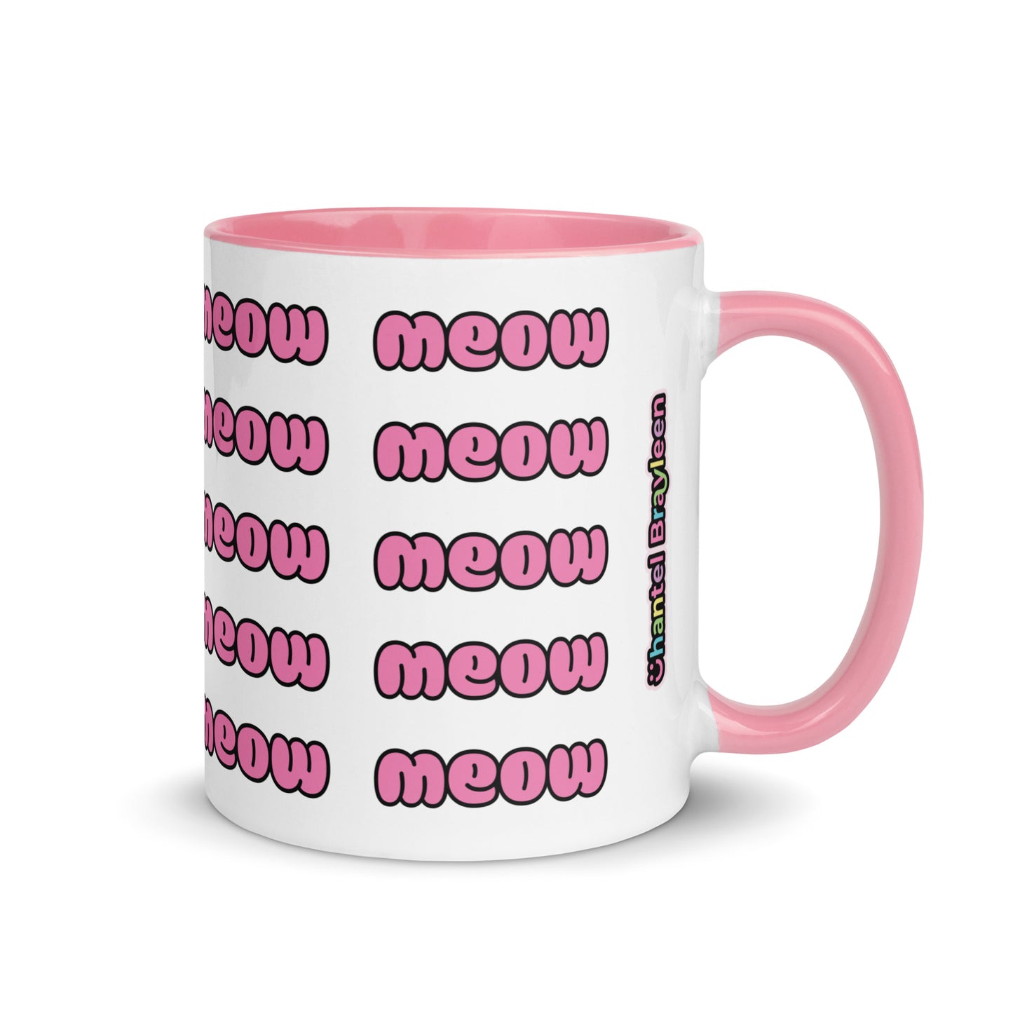 Product mockup meow mug side pink logo view