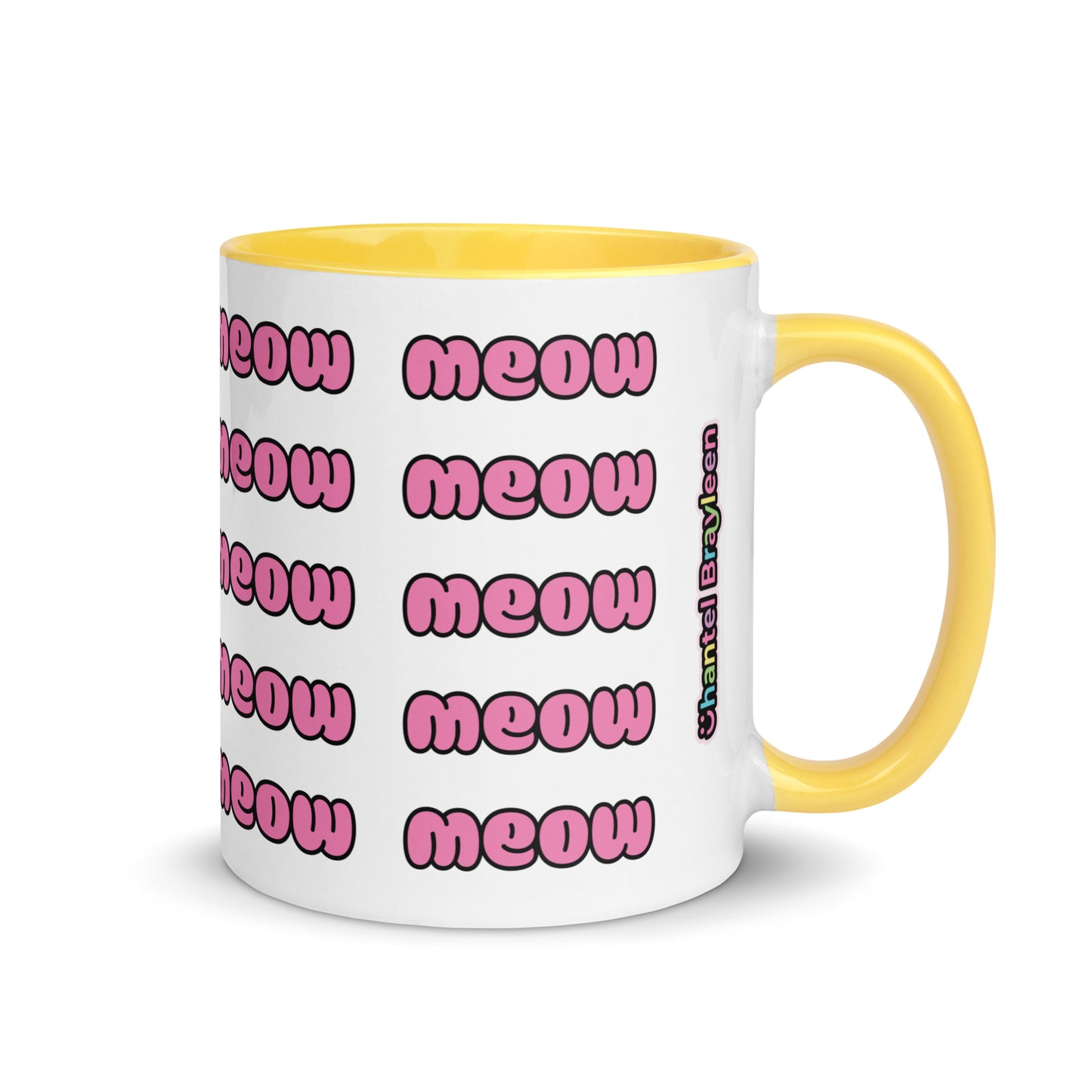 Product mockup meow mug yellow side logo view